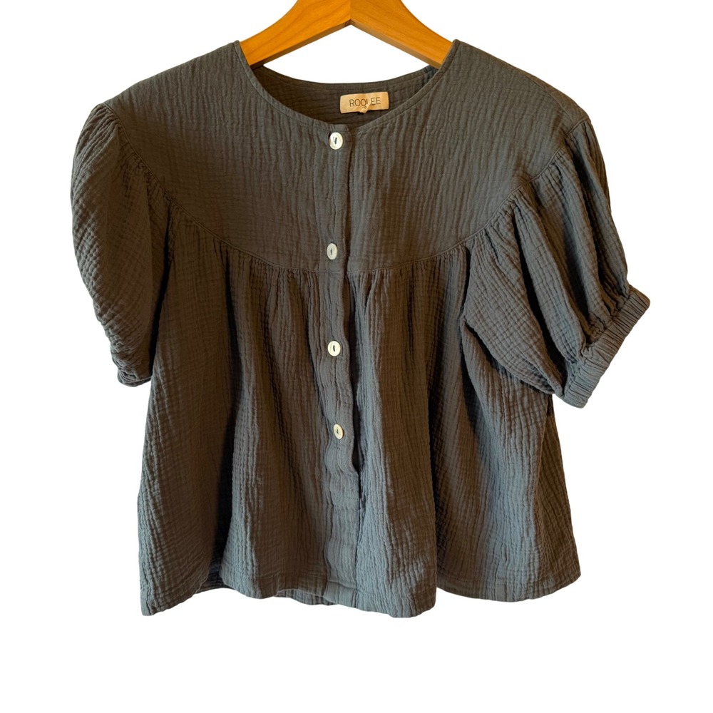 Roolee Charcoal Gray Button Front Gauze Puff Sleeve Top